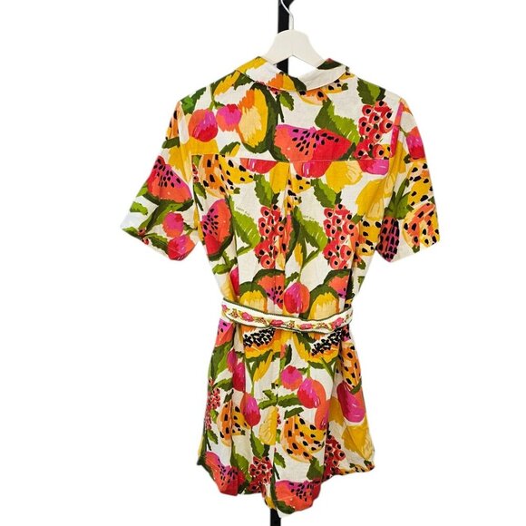 Farm Rio Paradise Short-Sleeve Romper, Fruit Print, Linen Blend, Tie Waist, Sz M - Picture 3 of 8